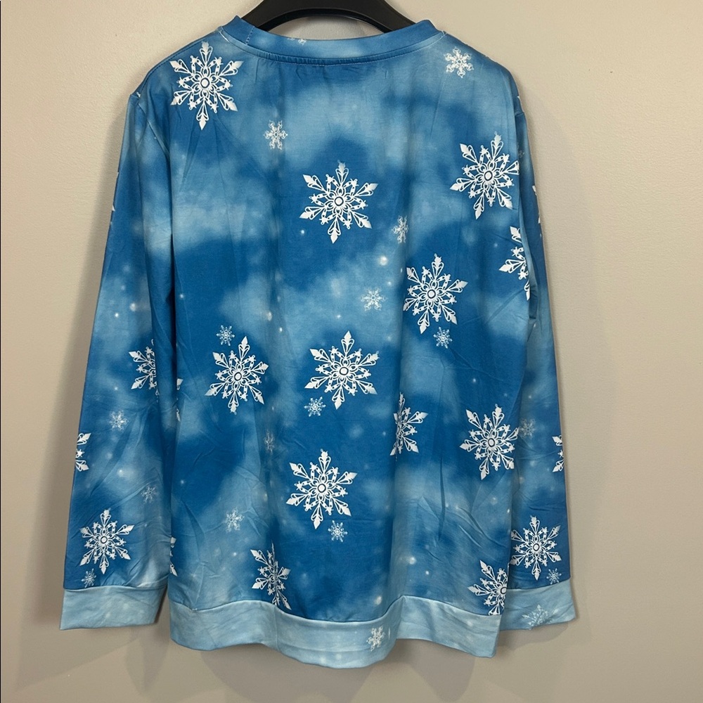 Snowman Christmas Holiday Long Sleeve Shirt Blue Snowflake Print 2XL Winter Top - Picture 4 of 8
